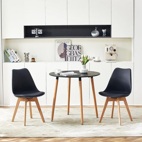 Esstisch-Set für 2 Personen: Runder Tisch (80cm) mit 2 Stühlen, schwarz/buche (1/5)