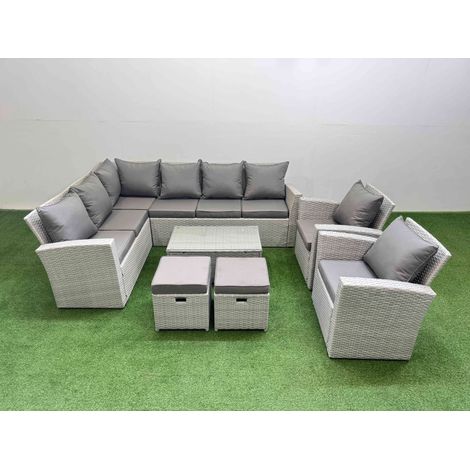 Fimous 10 Seater Garden Outdoor PE Rattan Furniture Set Rattan Garden Sofa Set with 2 Small Footstools Light Grey Mixed (1/5)