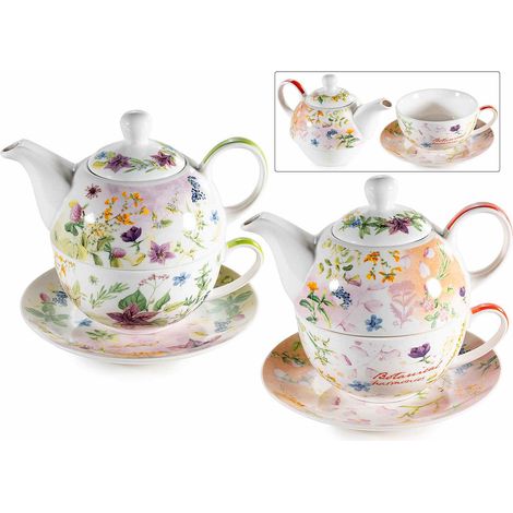 Théière avec tasse et soucoupe en porcelaine à décors floraux, lot de 2, 16 x 10,5 x H. 14 cm
