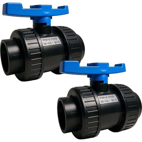 Vanne à Boule PVC Ø 50 mm - Lot de 2 - Double Union à Coller - Pression PN16 - Pour Piscine et Plomberie