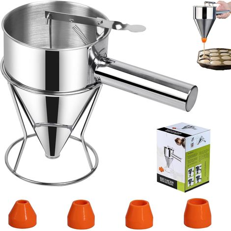 Dispensador de masa de 600 ml, embudo de pistón de acero inoxidable, soporte y 4 boquillas diferentes, embudo de cocina de acero inoxidable para panqueques, pasteles y waffles (plateado) (1/5)