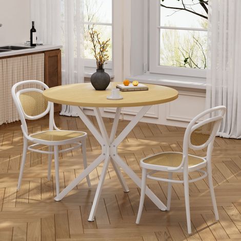 Table de salle à manger ronde de 90cm, table de cuisine peu encombrante avec pieds métal robustes, coloris bois et blanc (1/5)