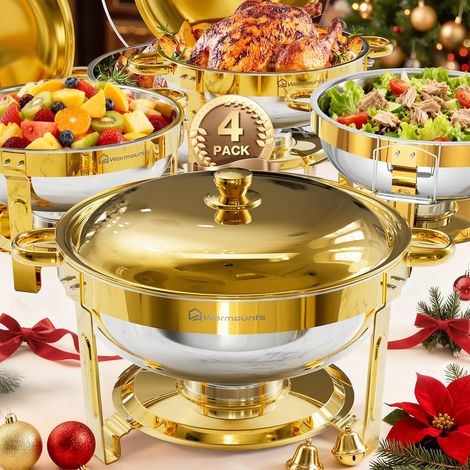 Lot de 4 Plats à Frire dorés avec Couvercle - 5 l - Chauffe-Aliments Ronds avec Support de Couvercle - Empilables - Bords roulés - en Acier Inoxydable de qualité Alimentaire - pour fête (1/5)