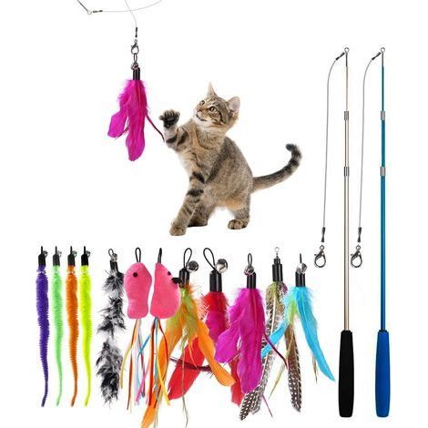 14 Pièces Jouet Pour Chat, Canne Rétractable 38-98cm, Plumes Et Souris, Jeu Interactif Intérieur (1/5)