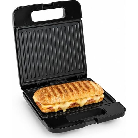 Panini Grill 1400W avec Plaques Antiadhésives, Poignée Cool Touch, Voyant Lumineux, Pieds Antidérapants, Compact 31,9x26,1x11 cm, Inox, Noir (1/5)