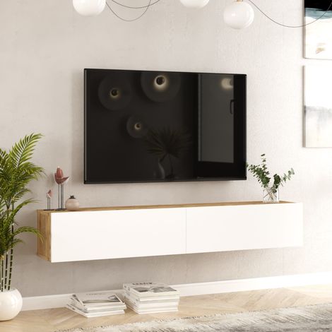 Mueble TV suspendido Lapinlahti 180x32x30 cm - Efecto roble rústico/Blanco [en.casa]