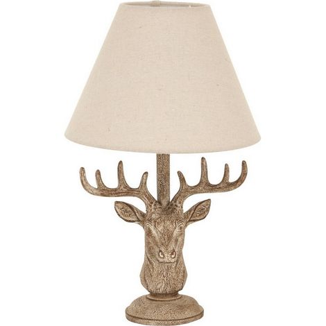 Stonewashed Stag Head Table Lamp with Linen Shade - Resin - L20 x W20 x H45 cm - Brown