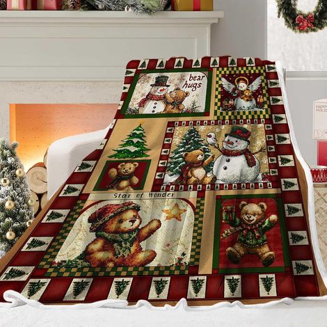 Plaid de Noël rouge vintage 127 x 152 cm - Imprimé ours, bonhomme de neige et sapin, en flanelle douce, chaude et confortable, idéale pour décorer canapé, lit et maison pour Noël et le Nouvel An. (1/5)