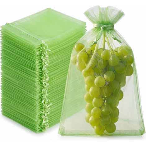 60 Grape and Fruit Protection Bags, 10 x 15 cm, Green Organza Net with Slide, Garden for Insect and Bird Protection, Ideal for Grapes and Fruits (1/5)