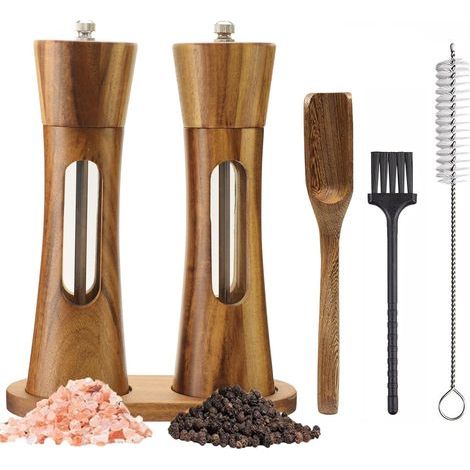 Set aus 2 Salz- und Pfeffermühlen aus Holz – 20 cm, nachfüllbar – mit Sichtfenster – Keramikmahlwerk – Mahlgrad einstellbar (1/5)