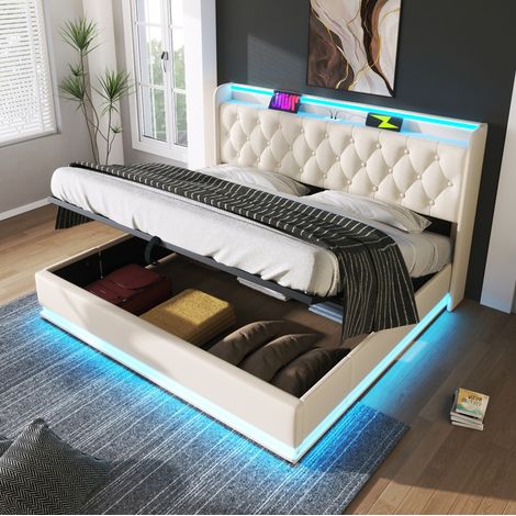 Cama con espacio de almacenamiento PU blanco 180x200 cm con LED 360°, cabecero tapizado, USB y Type-C, somier incluido (1/5)