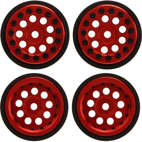 Jante Alliage 4 Pièces 1 Pouce pour Modèles RC 1/24 FMS FCX24, 9 Trous Ronds, Rouge (1/5)