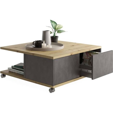 CALICOSY - Table Basse sur Roulettes 2 Tiroirs 2 Niches L70 cm - Twin (1/5)