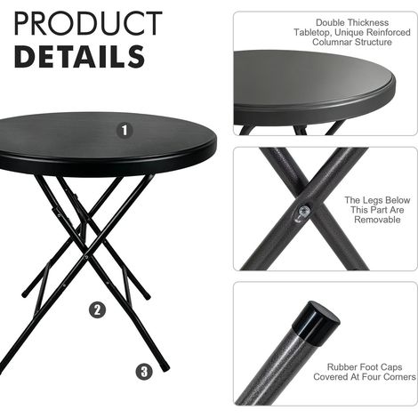 Table de Jardin plateau rond table pliante installation facile capacité de charge de 136 kg finition noire (1/2)