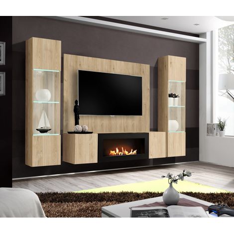 Ensemble meuble TV mural Fly M-P3 avec cheminée bioéthanol et vitrine LED - Bois MDF chêne Hickory Jackson - 240 x 170 x 40 cm - Livraison gratuite