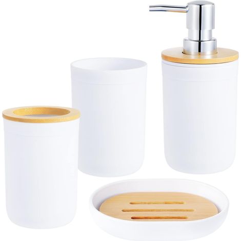 4 Pcs Ensemble d'accessoires de Salle de Bain en Bambou, Ensemble d'accessoires de Salle de Bain, Bouteilles de Lotion, Porte-Brosse à Dents, Tasse à Dents, Porte-Savon (Blanc) (1/5)