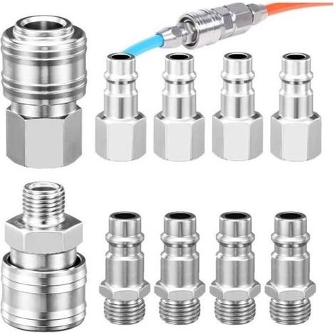 10 Pièces 1/4"BSP Raccord Rapide Européen, Raccords de Compresseur, Raccord d\'Air 1/4 Pouce, Raccord Pneumatique, Raccord de Compresseur pour Tuyau Pneumatique(Argent) (1/5)