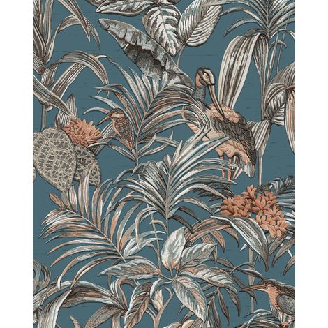 Empapelado con pájaros Profhome DE120016-DI papel pintado vinílico estampado en caliente tejido non tejido gofrado de diseño exótico brillante azul petrol plata marrón caramelo 5,33 m2 (1/4)