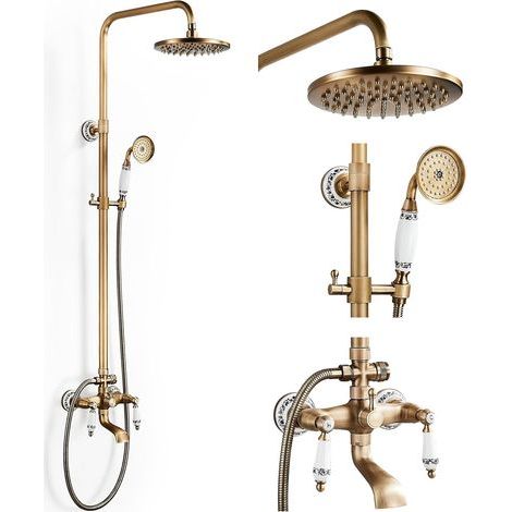 Colonne de Douche Laiton Rétro avec Mitigeur, Système de Douche Ensemble de Douche Kit de Douche Mural avec 20 cm Tête de Douche, Douchette, Robinet de Bain, Réglable Hauteur 700-1200mm (1/5)