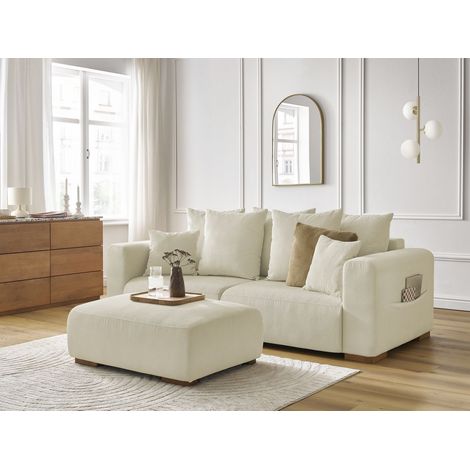 BOBOCHIC - Canapé droit fixe 3 places SIDONIE velours côtelé avec pouf   Beige (1/5)