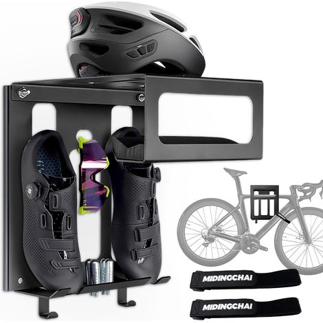 Support Velo Mural, avec Espace Rangement pour Casque et Chaussures Velo Route, Porte Velo Mural avec 2 Sangles Porte-Vélo, Crochet Velo Mural comme Poste de Réparation (1/5)