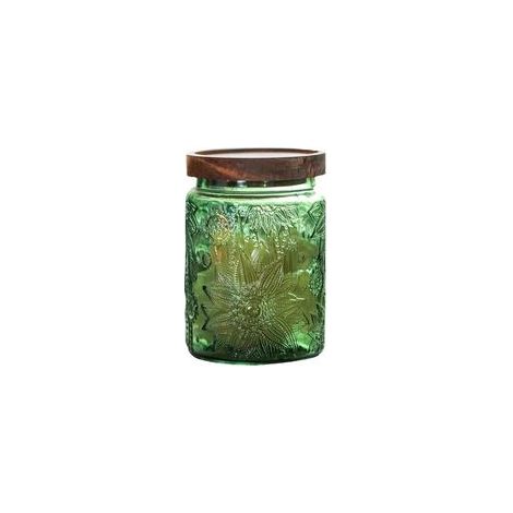 Bocal de rangement en verre avec couvercle en bois massif, motif tournesol en relief, 700 ml, vert () (1/4)