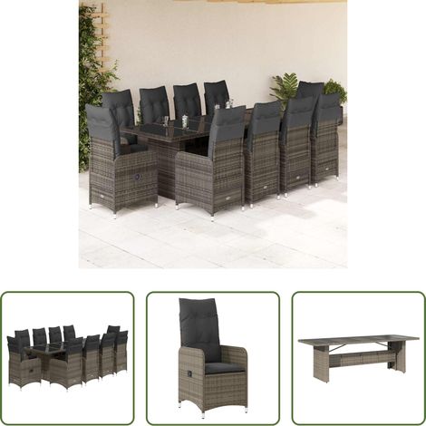 Gartentisch - 11-tlg. Garten-Bistro-Set mit Kissen Grau Poly Rattan (1/5)