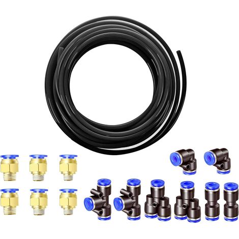 10 Meter Polyurethane Black Pneumatic Hose 12 mm, PU Air Hose, with 14 8 mm Pneumatic Connector (2 Straight, 2 Elbows, 2 T-Fittings, 2 Y Separators, 6 Male Threaded Fittings) (1/5)