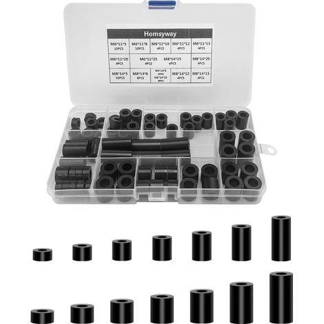Assortiment de 80 rondelles d'espacement rondes en ABS pour vis M6, M8 en nylon non fileté, entretoises de support de colonne, avec boîte de rangement (noir) (1/5)