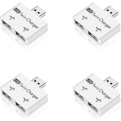 Geeignet für tragbare 4-Port-USB-Hubs auf 2-Port-Ladehub-Adapter, USB-Splitter, Dual-USB-Ladeverlängerung, geeignet für Mobiltelefone und Computer, weiß.