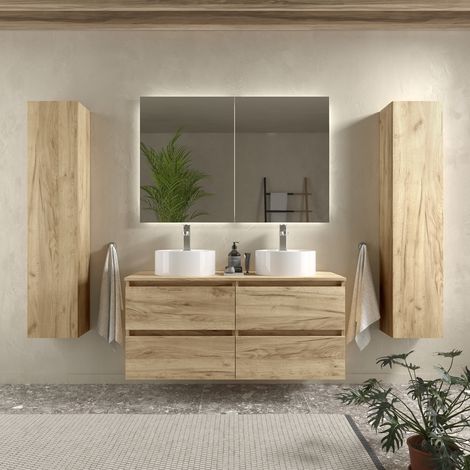 Meuble de salle de bain BEQUIA 140cm Chêne  Avec plan toilette (vasque non incluse) (1/5)