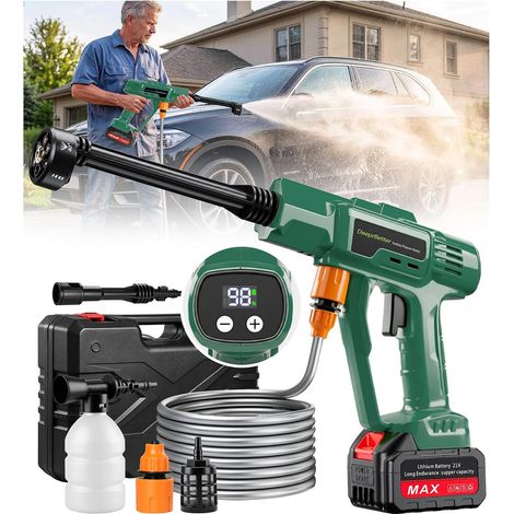 600PSI Cordless Rechargeable Battery Pressure Washer High Pressure Washer with 6-in-1 Adjustable Nozzle, 3 Adjustable Speeds Cordless High Pressure Gun - Green (1/5)