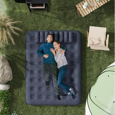 Colchón hinchable doble con bomba manual integrada, 2 almohadas, 22 cm, azul, 203x152 cm (1/5)