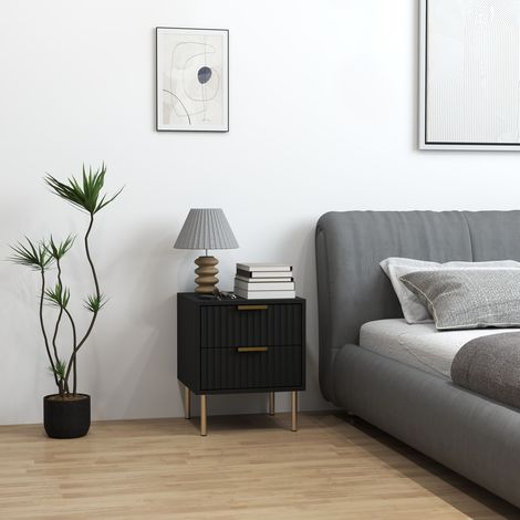Nachttisch, geriffelter Beistelltisch mit 2 Schubladen und Stahlbeinen, für Schlafzimmer und Wohnzimmer, schwarz