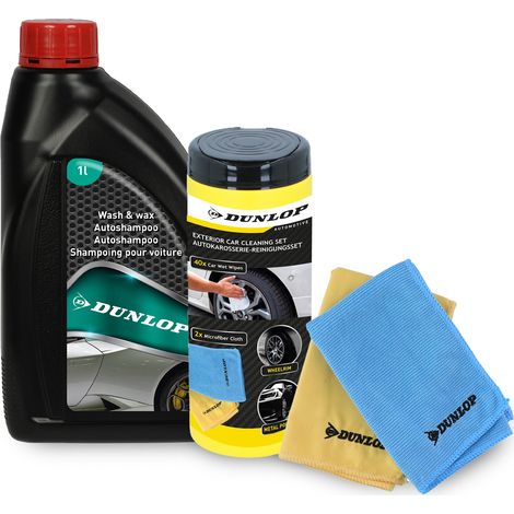 Pack Lingettes Microfibre 35x35cm et Shampooing Lavage Cirage 1L DUNLOP - Nettoie Protège, Brillance Auto, Sans Traces