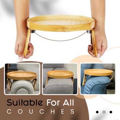Plateau amovible à clipser pour canapé, table d'appoint portable en bambou naturel pour accoudoir, idéal pour manger et boire. (1/5)