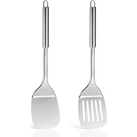 2 Pcs Spatule Inox Cuisine, Ustensiles Cuisine Inox Robustes, Spatule Solide Résistante Chaleur, Pelle Servir Ajourée Argent, Passe au Lave-Vaisselle, Facile à Nettoyer (1/5)