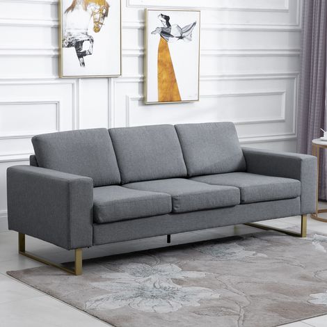 Canapé 3 places en tissu aspect lin, avec coussins et accoudoirs, pour chambre, 200 x 82 x 78 cm, gris foncé
