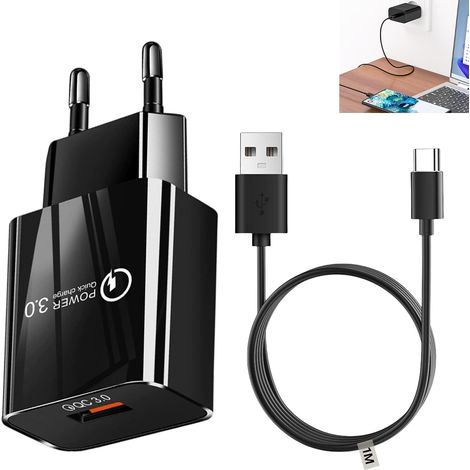18W Chargeur Type C Charge Rapide, Adaptateur Secteur Quick Charge 3.0 pour Samsung Galaxy Note9/S9/S9 Plus/Note8/S8/S8 Plus/S7/S7 Edge/S6/S6 Edge, Xiaomi, Huawei, HTC, avec Câble USB C 1M