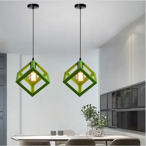 Lot de 2 Lustre Industrielle Contemporain Vert Lampe Suspension Vintage en Métal pour Salon Chambre (1/4)