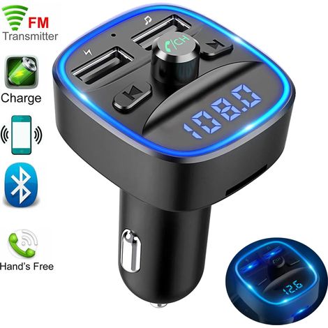 Trasmettitore FM Bluetooth per auto, adattatore ricevitore autoradio con illuminazione ambientale blu e funzione vivavoce, caricatore USB doppio. (1/5)