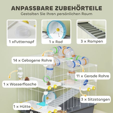 Cage pour hamster nain, 4 niveaux, système de tunnels, abri et accessoires, ouverture supérieure, 78 x 45 x 73 cm, gris (1/5)