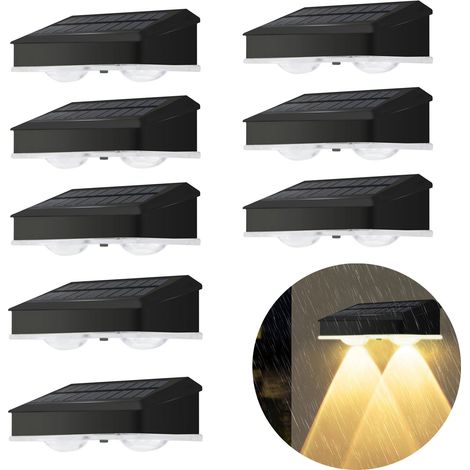 Lot de 8 lampes solaires d'extérieur pour clôture, éclairage mural à lentille haute luminosité, étanches, lumière chaude, pour jardin (1/5)