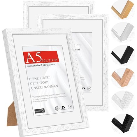 Bilderrahmen A5 (14,8x21cm) Naturholz Weiß, 3er Set, Tischaufsteller & Wandmontage (1/5)
