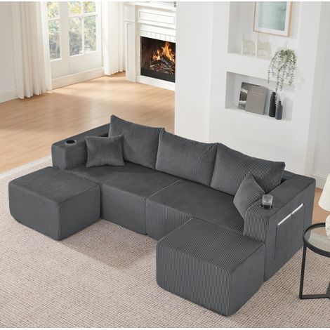 Canapé d’angle modulaire 3 places avec ottomanes mobiles, porte-gobelets, poches latérales, mousse - gris (1/5)