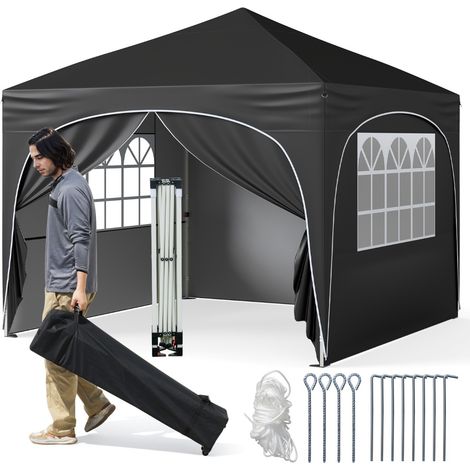 Tenda gazebo richiudibile con 4 pareti rimovibili 3x3 m borsa con ruote, Riparo sole da spiaggia pieghevole Nero