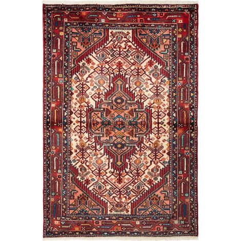 Tapis d'orient 105 x 159 cm, motif oriental, laine nouée main, rouge, bleu et crème, authentique, artisanal (1/5)