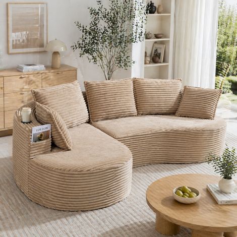 Modernes Bogesofa aus Cord mit Getränkehalter und Seitentasche, 250x152x82 cm, geschwungenes Couch Design inkl. Kissen für Wohnzimmer (1/5)