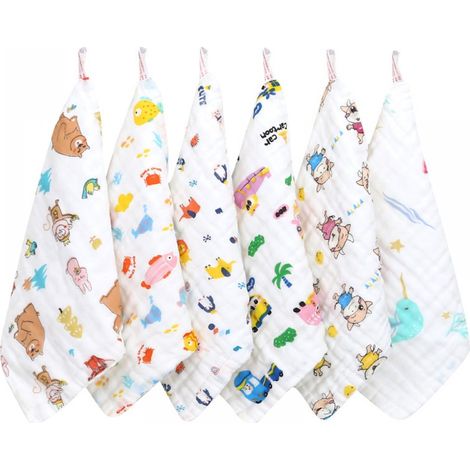 Serviette Coton Bébé - 30x30 Cm - Lot 10 Pièces - Motifs Animaux Aléatoires - Anneau De Suspension