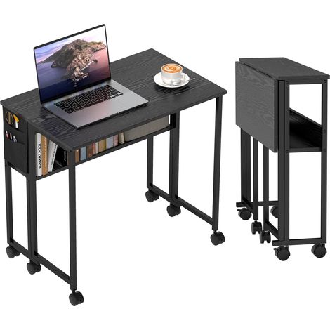 Table pliante pratique et gain de place, pour intérieur domestique, pourvue d'étagères, de sacs de rangement et de roulettes de déplacement, version élégante en couleur noire (1/5)